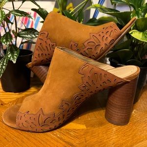 Helaine Size 7 open toe mule - suede upper with suede detailing in tan